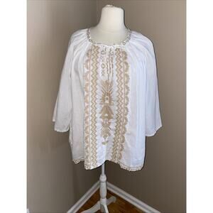 JOHNNY WAS White & Gold Embroidered Linen 3/4 Sleeve Tie Neck Tunic Top Size 2X